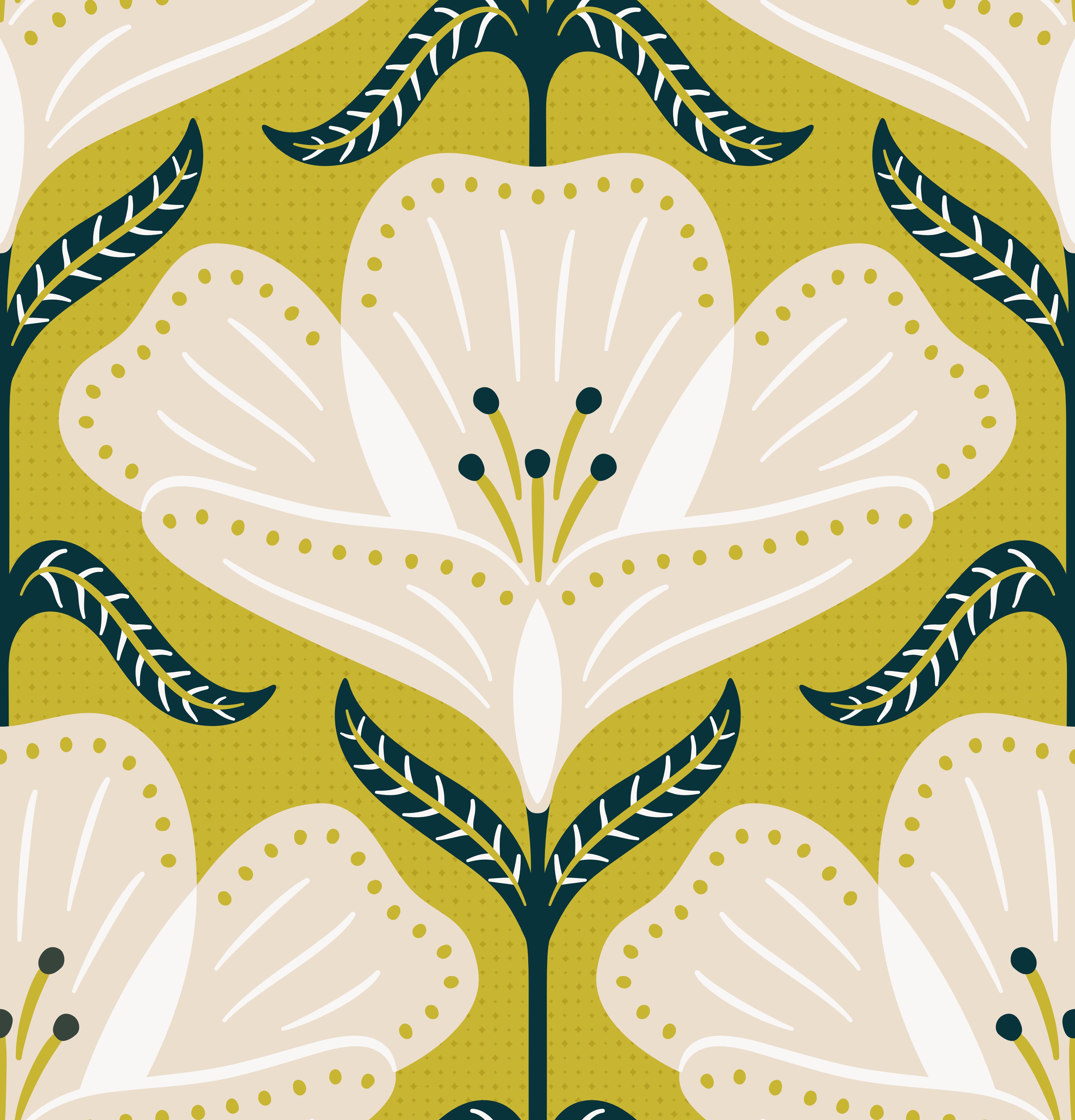 Decorative pattern with white flowers and green leaves on a green background